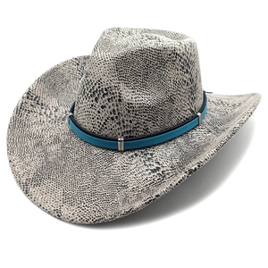 Wide brim western cowboy hat featuring grey snakeskin print and blue leather band