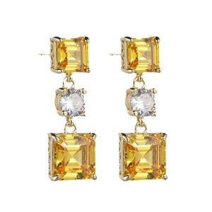 Elegant 18k gold plated drop earrings with tiered yellow and clear square cubic zirconia