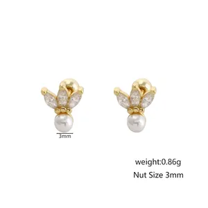 925 silver marquise zircon stud earrings with white pearl and 3mm screw ball back