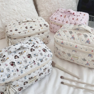 Detailed view of quilted cotton cosmetic bags with cute cartoon animal patterns