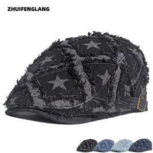 Casquette Plate En Jean Vintage Effet Vieilli Bords Effilochés Motif Étoile Béret Réglable Streetwear