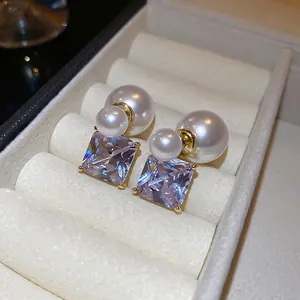 18K Gold Plated Square Zircon Drop Earrings With Imitation Artificial Pearls And 925 Sterling Silver Earring Post For Women
