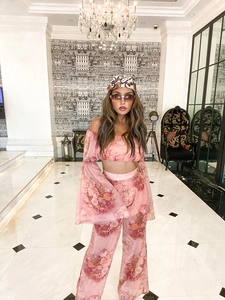 Pink floral chiffon two-piece set with off-shoulder long sleeve top and wide leg pants