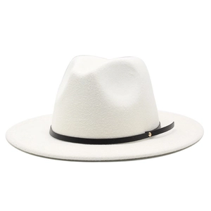 Detail of white wool fedora hat featuring a black leather band and gold metal buckle