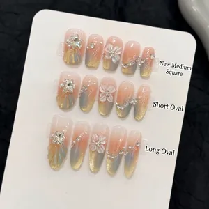 Handmade gradient cat-eye press-on nails with 3D flowers, pearls and shell textures