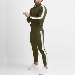 Side view of olive green slim fit sports set with white side stripes and stand collar