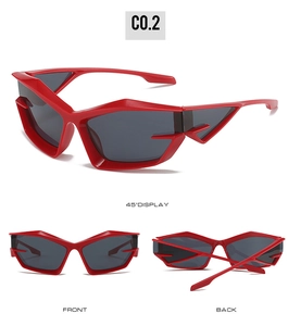 Three-view display of futuristic red geometric cat-eye sunglasses with dark grey lenses