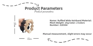 Detailed size specifications for pleated mesh headband in black and beige colors