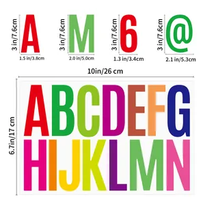 Detailed size chart for 3-inch alphabet stickers showing height and width measurements