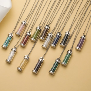 Stainless Steel Cylindrical Wishing Bottle Pendant Necklace With Natural Crystal Chips Openable Design For Women Men