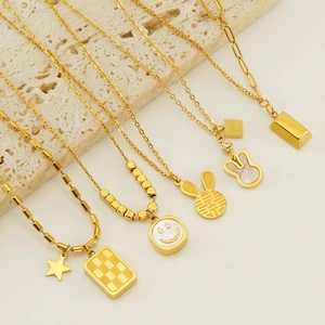 Trendy 18K Gold Plated Stainless Steel Necklace With Shell Smiley Face Rabbit Gold Bar Pendant Fashion Jewelry Women