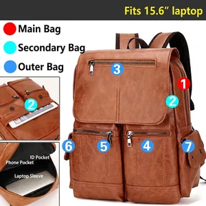 Vintage brown PU leather laptop backpack for 15.6 inch computer with multi-pockets
