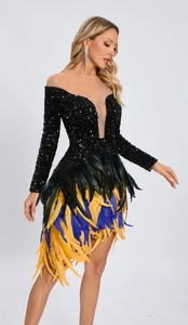 Close-up of sequin long sleeves and layered feather skirt on the elegant V-neck dress