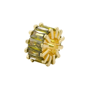 Macro view of 18K gold plated ring with emerald green zircon stones and gear edge design