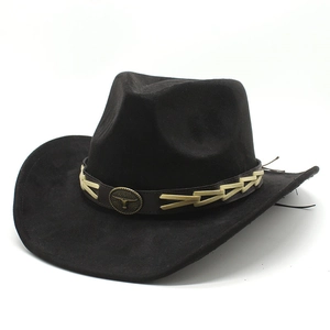 Classic black suede cowboy hat featuring a vintage bull head emblem and woven band detail