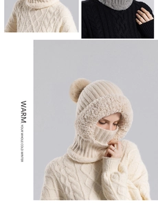Détail de la maille torsadée et doublure en fausse fourrure du bonnet écharpe femme