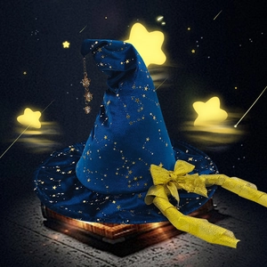 Dark blue velvet wizard hat with gold star patterns and hanging star pendant decoration
