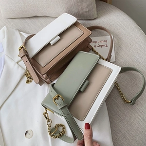 Fashionable contrast color crossbody square bags with gold chain and accordion sides