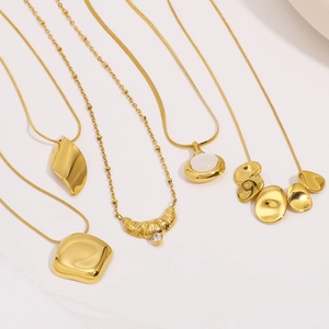 Polished 18K gold plated stainless steel necklaces set with various geometric pendants