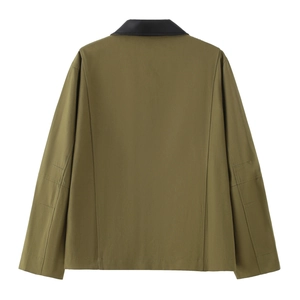 Back view of army green PU jacket showing contrast black lapel collar and sleeve patch detail
