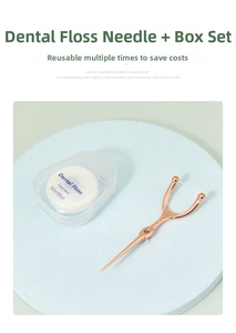 Detail of rose gold stainless steel dental pick and 50m mint flavor floss case