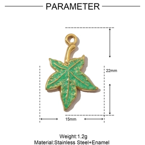Detailed size specifications for a green enamel maple leaf pendant in stainless steel