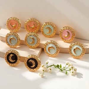 Round Stud Earrings Stainless Steel Vintage Hammered Gold Crescent Moon Enamel Elegant Jewelry For Women