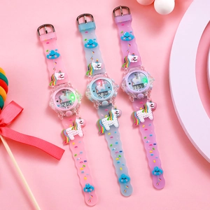 Detailed view of 3D unicorn kids watches with soft silicone straps in various colors