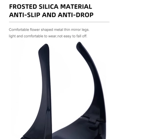 Detail of matte silicone and metal nose pads on rimless cycling glasses for anti-slip grip