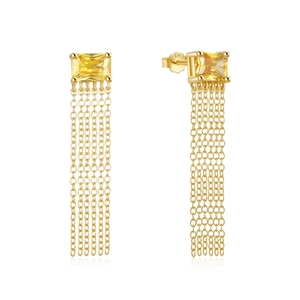 Macro detail of S925 sterling silver long tassel earrings with yellow square crystals