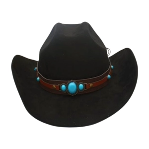 Detail of black western cowboy hat featuring turquoise stones and metal studs on band