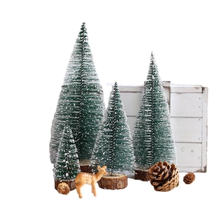 Miniature sisal Christmas trees set with snow effect, wooden bases and deer figurine