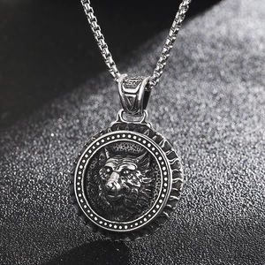 Vintage silver stainless steel wolf head medallion pendant with a durable box chain