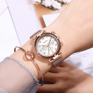 Coffret montre bracelet magnétique milanais or rose avec bracelet nœud assorti pour femme