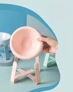 Pink wave ceramic cat bowl on a reinforced X-shaped stand with non-slip base padding