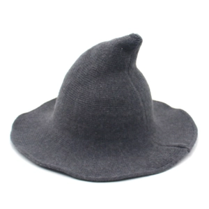 Thick dark grey wool knitted witch hat for Halloween cosplay with a pointed top design