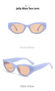 Front and side view of retro cat eye sunglasses with translucent blue frame and brown lenses
