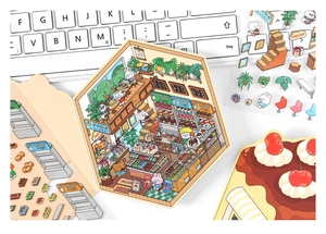 Detailed view of bakery theme stickers and cute animals on a white keyboard background