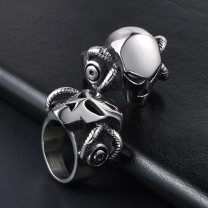 Cyberpunk skull mechanical rings in silver stainless steel on black leather background