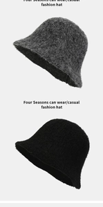 Detailed fuzzy lamb wool bucket hat texture in grey and black minimalist casual style