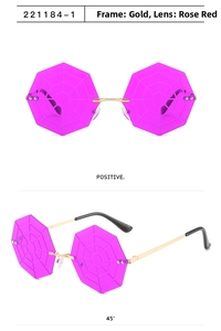 Detail view of octagon rimless sunglasses with rose pink spider web lens and gold metal frame