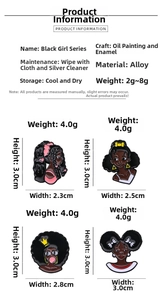 Detailed size chart for black girl cartoon badges with specific dimensions and weight