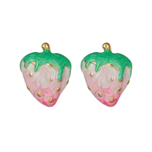 Vintage Sweet Strawberry Stud Earrings 18K Gold Plated Stainless Steel Enamel Niche Design Jewelry For Women
