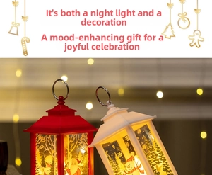 Detail of red and white Christmas lanterns with LED light and festive Santa Claus patterns