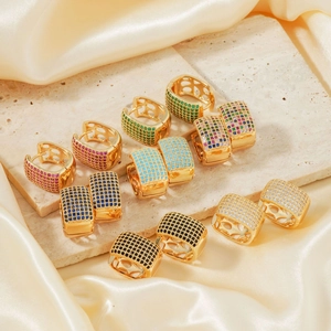 Minimalist square hoop earrings with multi-color micro-zirconia in golden plating