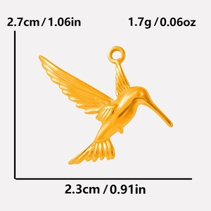 Detailed size specifications for gold bird pendant measuring 2.7cm by 2.3cm and 1.7g weight