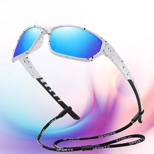 Polarized sports sunglasses with white splattered frame and blue mirrored lenses with strap