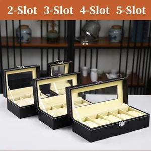 Black PU leather watch display case with transparent lid and velvet interior lining