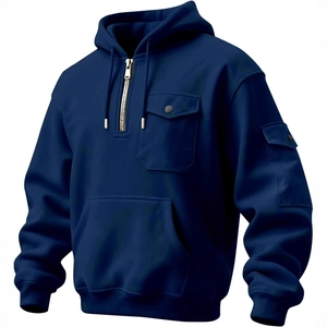 Sudadera con capucha para hombre azul marino con forro polar, multibolsillos y media cremallera