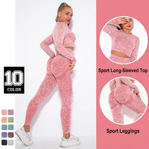 Nahtloses Yoga Outfit Damen Langarm Crop Top Und Leggings Mit Hoher Taille Acid Wash Workout Fitness Kleidung